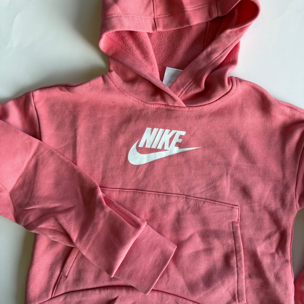 Nike Girls Pink Futura Logo Pullover Cropped Fleece Hoodie Sweatshirt Size Small
